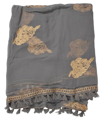Image of YOUTHQUAKE Golden Patti Embroidered Work Chiffon Dupatta for Womens & Girls with Jaalar Lace