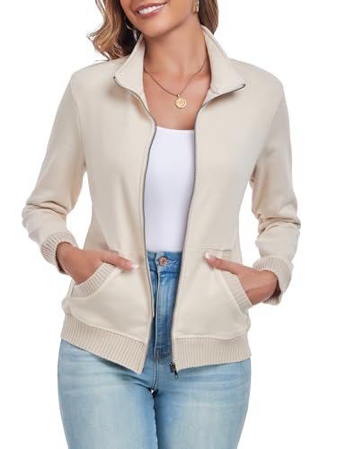 Women's Zip up Sweatshirt Jacket Stand Collar Long Sleeve Sweater Ribbed Knit Hem Jacket with Pocket2