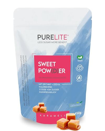 PURELITE Edulcorante natural en polvo, sabor caramelo, vegano, sustituto de azúcar 1:1, 450 g, sin calorías a base de eritritol y stevia sin azúcar, alternativa natural al azúcar, cero calorías