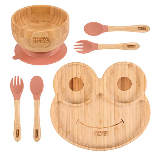 Image of ZENSAC 6PCS Bamboo Baby Feeding Set, Baby Suction Bowl & Plate with Silicone Spoons & Forks, Wooden Feeding Supplies for Infant & Toddlers, Baby Led Weaning Supplies Non Slip & BPA Free (Orange-Frog)
