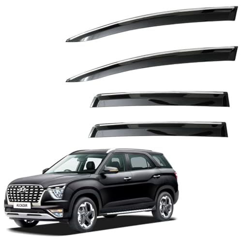 Image of CAR SAAZ Unbreakable Chrome Smoke Door Visor for Alcazar (2021-2023) | Premium Sun Rain Wind Deflector Chrome Strip Side Door Rain Visor - Set of 4 Pcs