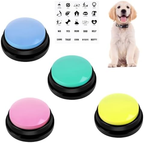 vsshe Buzzer mit Aufnahmefunktion, Haustier Talking Training Antwort Buzzer, 4 Farben Buzzers Aufnahmefähige Tasten für Hund Interaktion, 30 Sekunden Aufnahme&Wiedergabe Intelligen