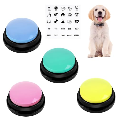 vsshe Buzzer mit Aufnahmefunktion, Haustier Talking Training Antwort Buzzer, 4 Farben Buzzers Aufnahmefähige Tasten für Hund Interaktion, 30 Sekunden Aufnahme&Wiedergabe Intelligenzspielzeug für Hunde