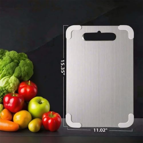 Tablas de corte de acero inoxidable para cocina, tabla de corte de titanio con protectores de esquina de silicona y pies antideslizantes para cortar carne, frutas y verduras en casa (34,0 cm x 23,0 cm) miniatura 6