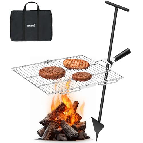 Gonex Portable Campfire Grill Grate for Fire Pit Foldable Stainless Steel Grill Height Adjustable Camping Cooking Equipment for RV Outdoor Backyard BBQ Courtyard 15.35x18.3