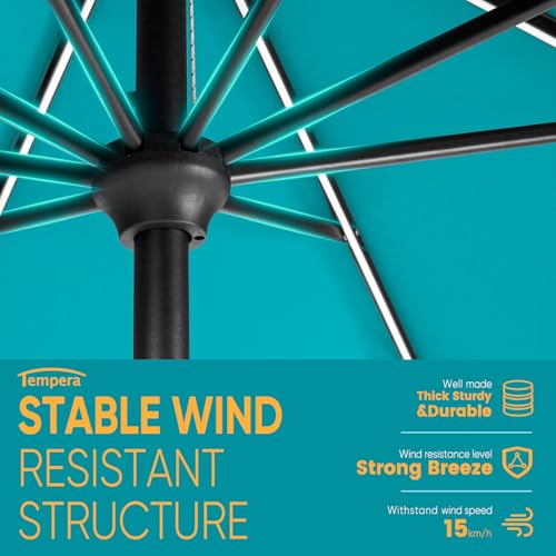 Image of Tempera Patio LED Umbrella with Light | Solar Outdoor Umbrella | Market Table Parasol with Push Button Tilt and Crank, with Sturdy Pole & Fade Resistant Canopy, Easy to Set