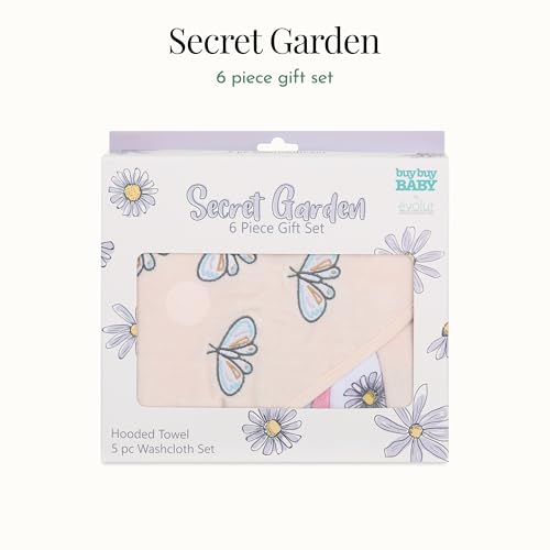 Image of Evolur Secret Garden 6 pc Baby Gift Set, Includes Hooded Towel & 5pc Wash Cloths, Soft and 100% Cotton Woven, for Newborn, Infants and Toddlers 0-9 Months