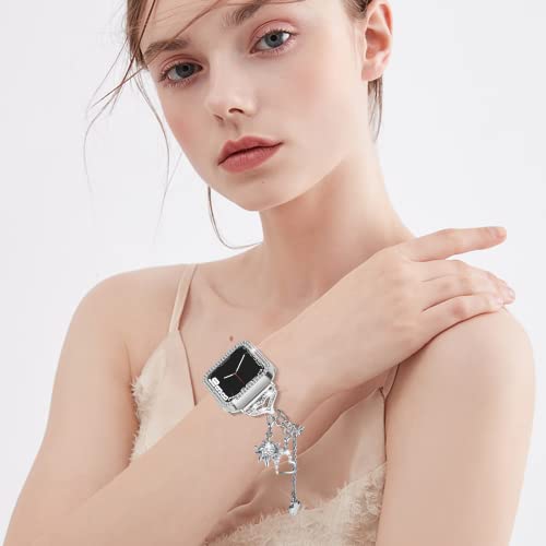 JOYOZY Band Compatible with Apple Watch 38mm 40mm 41mm 42mm 44mm 45mm 46mm, Bling Strap with Glitter Case Built-in Screen Protector, Interchangeable Charms Dressy Bracelet for Women