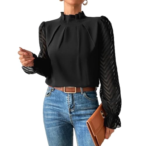 Blusa de Cuello Medio Alto para Mujer, Top Elegante de Manga Larga Plisada de Color Liso, Informal a Rayas para Mujer para IR de Compras (XL)