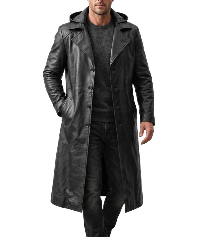 TRENDS GENESIS hooded genuine leather coats for men - black duster