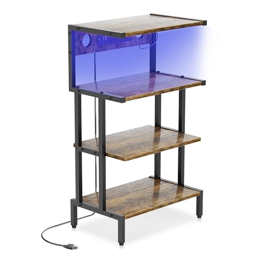 Aquzee Video Game Console Shelf with Outlet, Stereo Racks and Stand with Led Strip Light, 4-Tier Gaming Shelf for PS4 PS5 Xbox Games Organizer, Small Entertainment Center, AV Media Stand for CD DVD