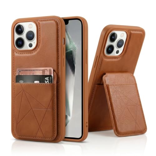 Image of amazon basics Premium Vegan Leather Back Cover with Card Holder and Integrated Mobile Stand for iPhone 14 Pro Max - Slim Shockproof Wallet Case with Geometric Stitching [Tan]