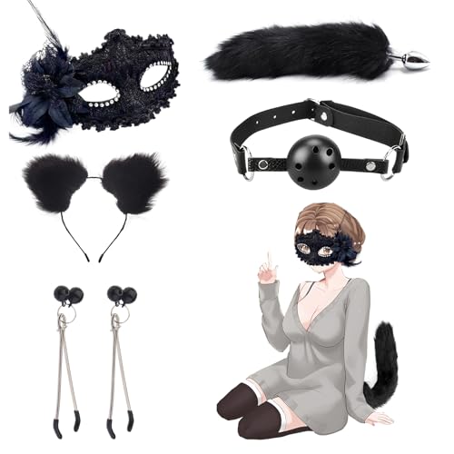 Analplug Paaren Cosplay Set mit Fuchsschwanz, 5 Stück SM Sex Spielzeug mit Plüsch Katze Ohren Augenmaske Nippelklemmen Knebelball, Analspielzeuge Ideal für Männer Frauen Anfänger