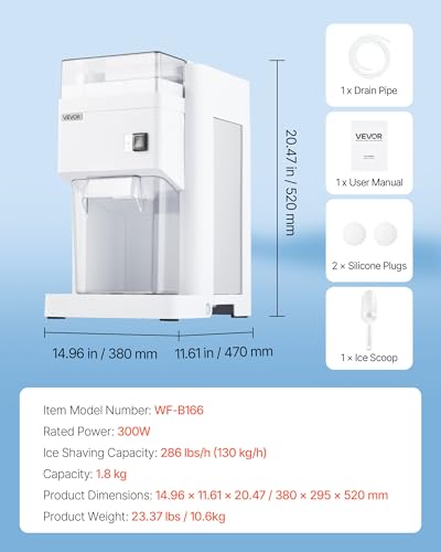 VEVOR Commercial Ice Shaver Machine, 1.91QT /1.8L Large Electric Ice Cube Crusher Shaved Maker with 300W Premium Motor, Stainless Steel Blades, for Bar Mixing Seafood Preservation Home Party, White