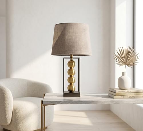 Image of Luxury Modern Table Lamp with Gold Spherical Accents - Contemporary Metal Frame Bedside Light for Living Room, Bedroom & Office - Textured Fabric Drum Shade (Antique Gold & Charcoal)