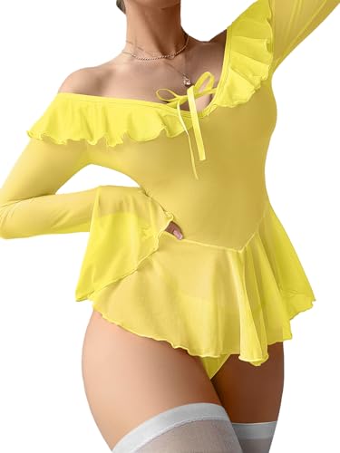 Image of Foxiny Sheer Ruffle Long Sleeve Babydoll Lingerie Dress | Off-shoulder neckline, flared cuffs and a flounce hem add movement; thong and thigh-high stockings complete the 3-piece set
