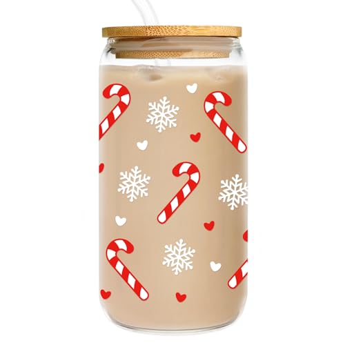 FatWongcoi Christmas Gifts for Women - 16oz Candy Cane Glass Cup with Lid Straw - Christmas Coffee Cup for Her - Holiday GlassTumbler for Mom Sister Friend Coworker