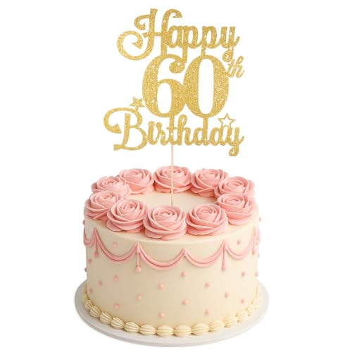 ZEYIYER 60th Cake Toppers for Women Gold Happy 60th Birthday Cake Decorations Sixty Years Old Birthday Cakes Pick for Men Party Supplies