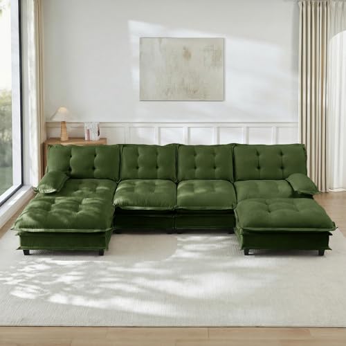 Image of 138 inch U-Shaped Sectional Couches for Living Room, Green 4 Seater Modern Chenille Deep Seat Sofa Set, Salas para Casa, High Back Cloud Couch Modular Sectional Sets with 2 Ottoman