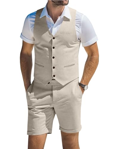 Diaryan Linen Suits for Men Beige 2 Piece Vests Short Pants Mens Suit Casual Summer Beach Groomsmen Wedding Waistcoat Set Outfit L