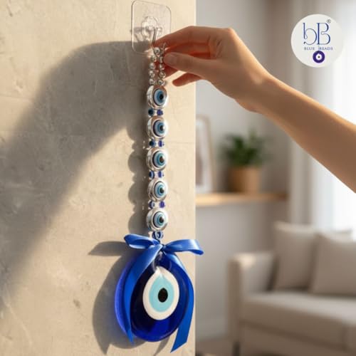 Image of Blue Beads Evil Eye Wall Hanging Amulet - Turkish Blue Nazar Protection Charm with Beads & Bow - Home Decor Talisman for Good Luck & Protection - Handmade Glass Ornament for Door, Office, Car or Gift