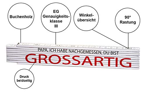 GESCHENKE-FABRIK Meterstab - 2 Meter Zollstock als Geschenk mit Aufschrift Papa ich habe nachgemessen - Grossartig - Geschenk für Heimwerker, Väter oder Opas - Zum Vatertag, Weihnachten, Geburtstag