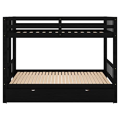 EMKK Twin Over Pull-Out Queen Full Bunk Bed with Trundle, Solid Wood BunkBed Frame with Ladder, Extendable Bunkbeds with Safety Rail for Kids Adults Teens, Espresso