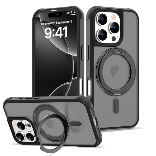 Image of Compatible with iPhone 16 Pro Case with Stand 6.3 inch,Black | Matte Translucent Phone Case for iPhone 16 Pro,360 Magnetic Ring Stand,Compatible Mag-Safe,Military Grade Protection