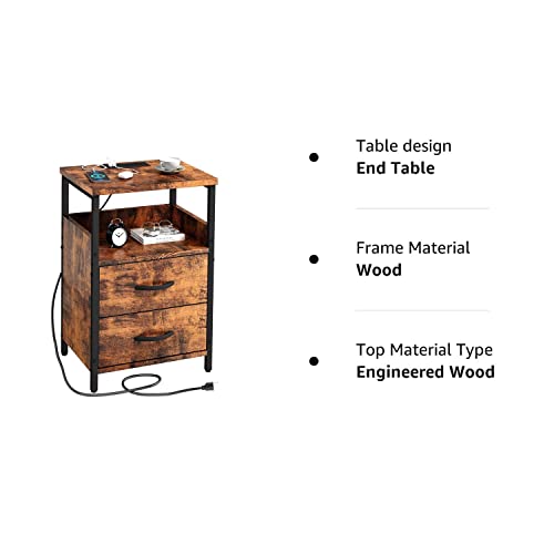 Khljju End Table With Charging Station, Nightstand With Fabric Drawer, Small Side Table For Small Spaces, Vintage Bedside Tables With Usb Ports And Outlets For Living Room, Bedroom, Office #TOP7