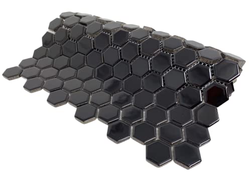 Hexagon Porcelain Mosaic Floor And Wall Tile Tile Glossy 1 Inch (Pack - 10 Sheets, Black) For Kitchen Backsplash, Bathroom Shower, Accent Wall #TOP5