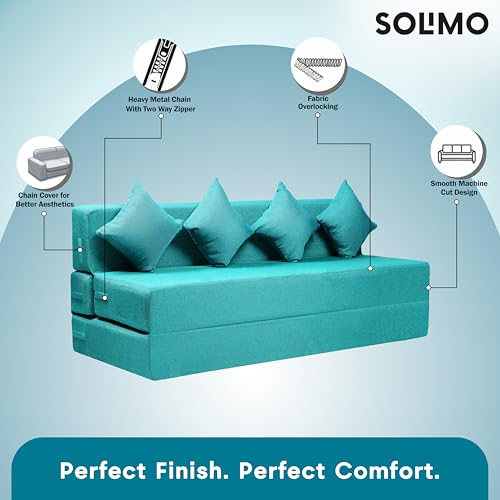 Image of Amazon Brand - Solimo 4 Seater 6 * 6 Jute Fabric Washable Cover Sofa Cum Bed with 4 Cushions 4 Seater Double Foam Fold Out Sofa Cum Bed (Finish Color - Sky Blue Delivery Condition - Pre-Assembled)