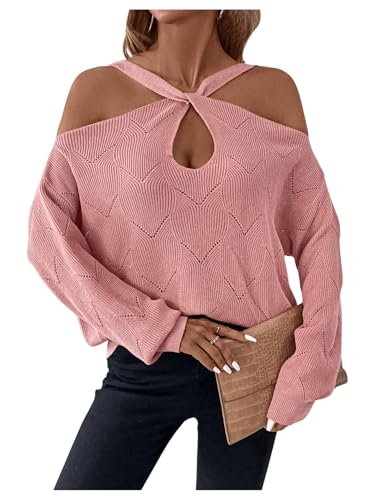 MakeMeChic Women's Casual Solid Criss Cross Twist Front Sweaters Cold Shoulder Rib Knitted Pullover Tops