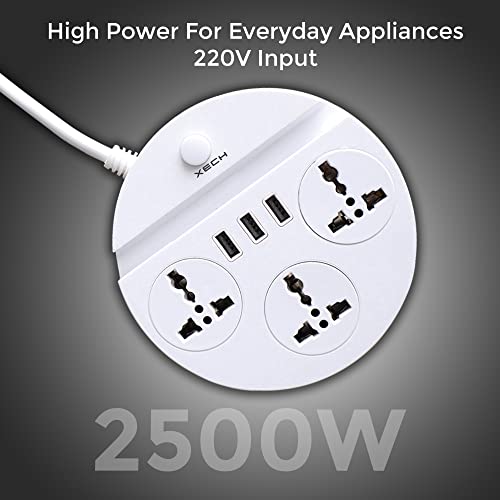 Image of XECH Extension Board with USB & Desk Light 2500W Power with 3 Universal Sockets & 3 USB Output Ports & 2 Meter Cable Length (Charging Disc PRO)