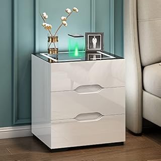 Jehiatek White Bedside Table with Wireless Charging & USB Charging Station, Led Bedside Table with 3 Drawers, High Gloss Smart Nightstand Organizer for Bedroom Use