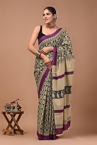 Image of Crafts Moda Cotton Saree for Women with Unstitched Blouse Piece, Lightweight mulmul sari