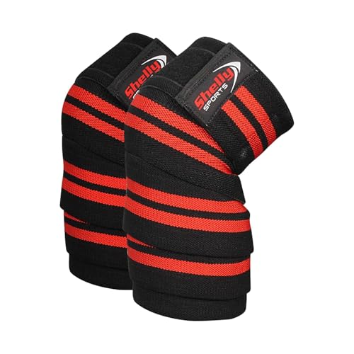 Shelly - Ginocchiere per sollevamento pesi, sollevamento pesi, supporto per ginocchiere e sollevamento olimpico, fasce elastiche in gomma resistenti per uomini e donne (rosso)