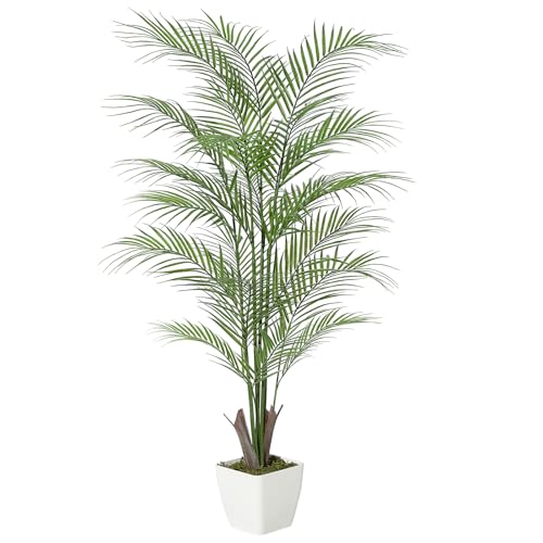 4FT Fake Palm Tree Faux Areca Palm Plants with 21 Full Lifelike Palm Leaves Realistic Trunks Fake Tropical Palm Tree for Indoor Home Office Outdoor Yard Décor with Trapezoidal Prism White Pot