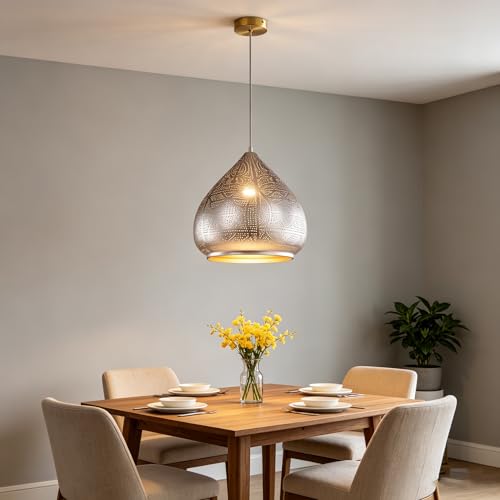 Image of Moroccan Silver Hanging Light Rustic Metal Pendant Light
