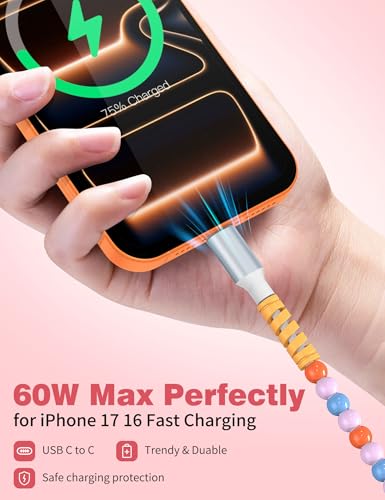 Image of USB C to USB C Cable 6FT,60W Beaded Charger Cord Fast Charging for iPhone 17 16 15 Pro Max /iPad Pro Air 11th for Samsung S26 S25 S24 Ultra S23 A16 A17 /Android Phone Charger Cord Girl Women,Blue-Orange