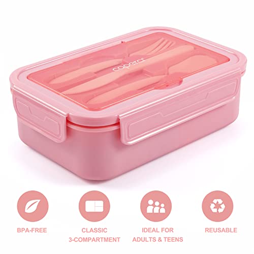 Caperci Classic Bento Box Adult Lunch Box for Older Kids - Leakpoof 47 oz 3-Compartment Lunch Containers for Adults and Teens, Built-in Utensil Set, Ideal for On-the-Go Balanced Eating, Pink - Image 6