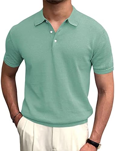 Mens Knitted Golf Polo Shirts Short Sleeve Casual Button Soft Stretch Classic Fit Solid T-Shirts Mint