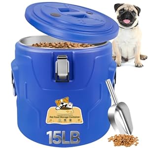 15lb Dog Food Storage Container, Stainless Steel Airtight Pet Food Storage Container and Durable Plastic Food Container, Large Metal Cat Food Container with Lid and Scoop to Keep Fresh