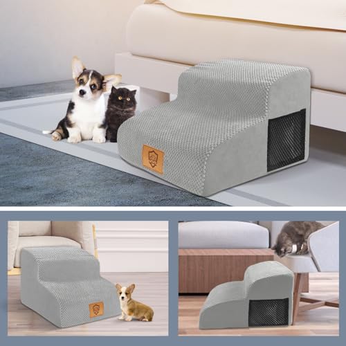 Thihome Hundetreppe für Kleine Hunde, rutschfeste Katzentreppe mit Abnehmbarer Bezug, 2 Stufen Hunderampe, Wasserdicht Haustiertreppe für Bett & Sofa, Grau