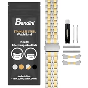 Bandini Stainless Steel Fitted Curved End Metal Watch Band, Tapered Watch Strap Bracelet, Push Button Deployment Clasp, Jubilee Style, Straight End Includeds – 18mm, 20mm, 22mm, 24mm