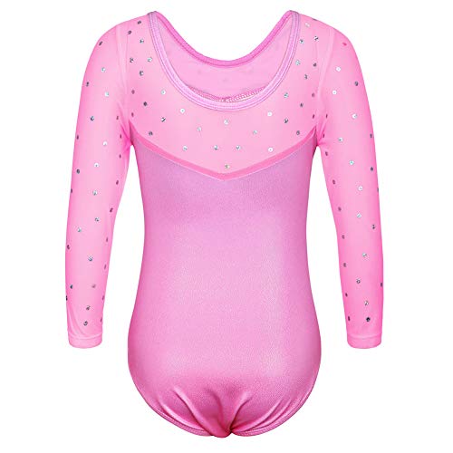 Collant de ginástica TFJH E para meninas com manga 3/4 e lantejoula, Asnowflake Pink, 4-5Years