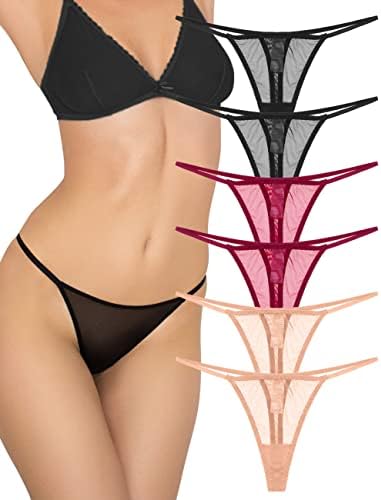 Women's Lace Sexy Thong Pack of 6 G-strings Underwear Mesh Low Waisted Cute Panties