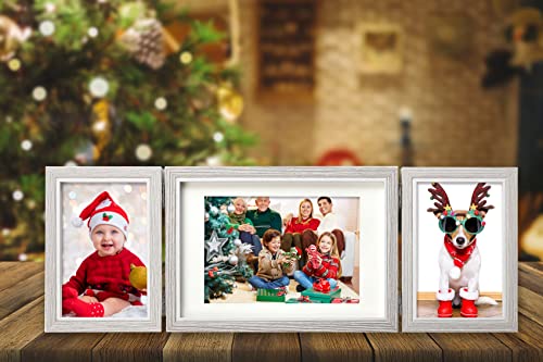 Lazykitty 3 Picture Frame, 2 4X6 And 1 7X5 With White Mat - Reinforced Mdf, Real Glass Faces, Stainless Steel Hinged, Multi-Angle Foldable, Standing On Tabletops - Grey #TOP5