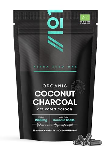 Organic Activated Coconut Charcoal 2000mg – 90 Vegan Capsules – Bloating & Gas, Digestion & Flatulence Natural Relief – Resealable and Recyclable Pouch by Alpha01