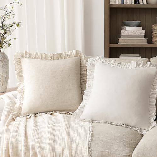 Image of Foindtower Set of 2 Decorative Soild Fringe Ruffle Throw Pillow Covers Soft Boho Farmhouse Cushion Cover Cozy Accent Retro Pillowcase for Couch Sofa Bed Living Room Home Decor,18x18 Inch,Natural Beige