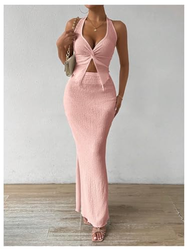 Image of SOLY HUX Women's Two Piece Outfits Twist Front Halter Cami Tops and Skirt Summer Set